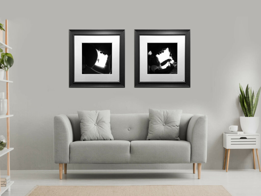 framed photographs in a living room