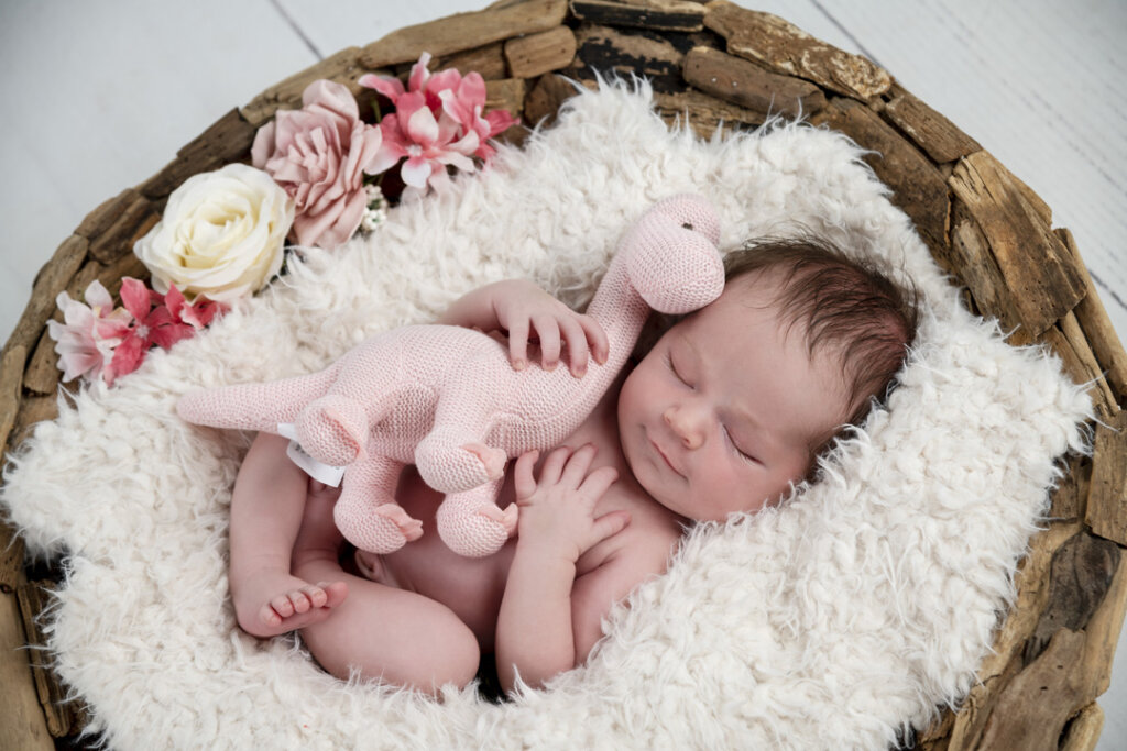 A newborn baby clutching a soft toy